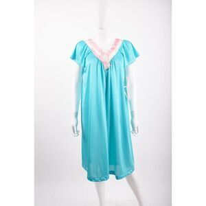 Vintage Vanity Fair Glisanda Nightgown Satin Pjs Size M Turquoise Pink NWT 80s
